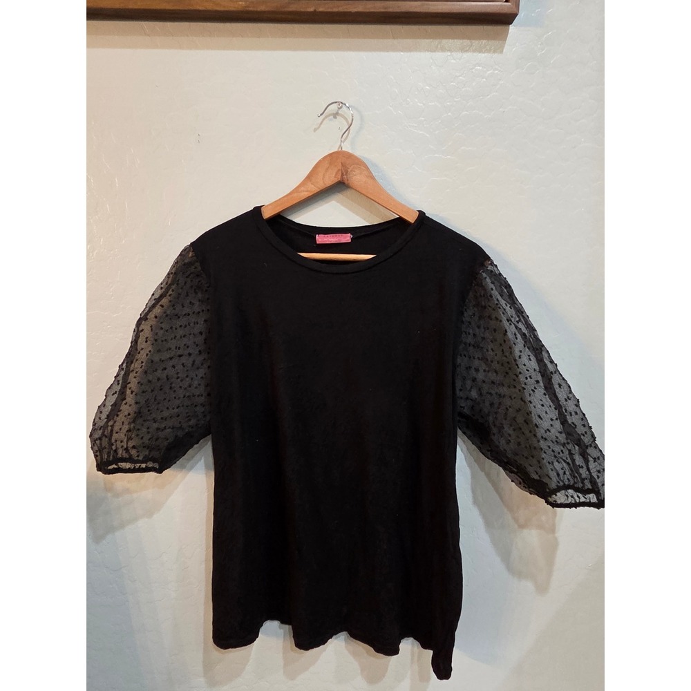 Vintage Ragdoll Black Sheer Mesh Polka Dot Puff Sleeve Top 2XL Womans Blouse